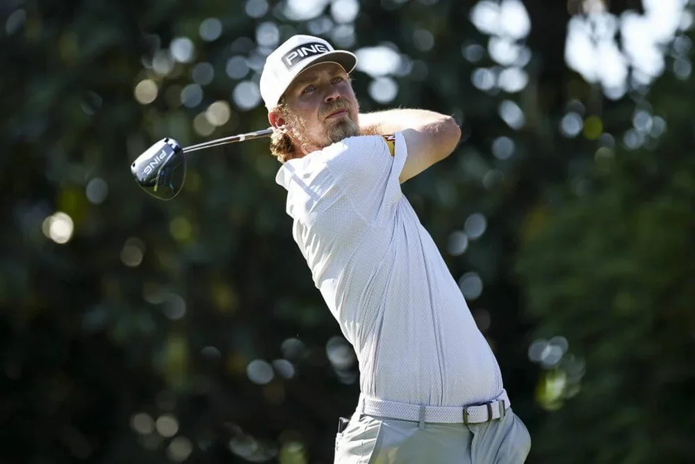 Kristoffer Reitan watches the flight of his drive on the 16th hole at the Truist Championship on Sunday.